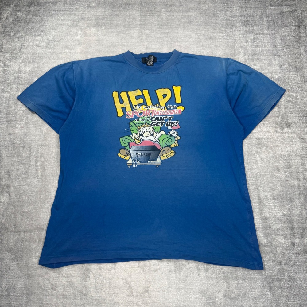 Vintage Novelty Shirt Mens XL Blue 90s TV Sports Lazy Funny Faded Grunge